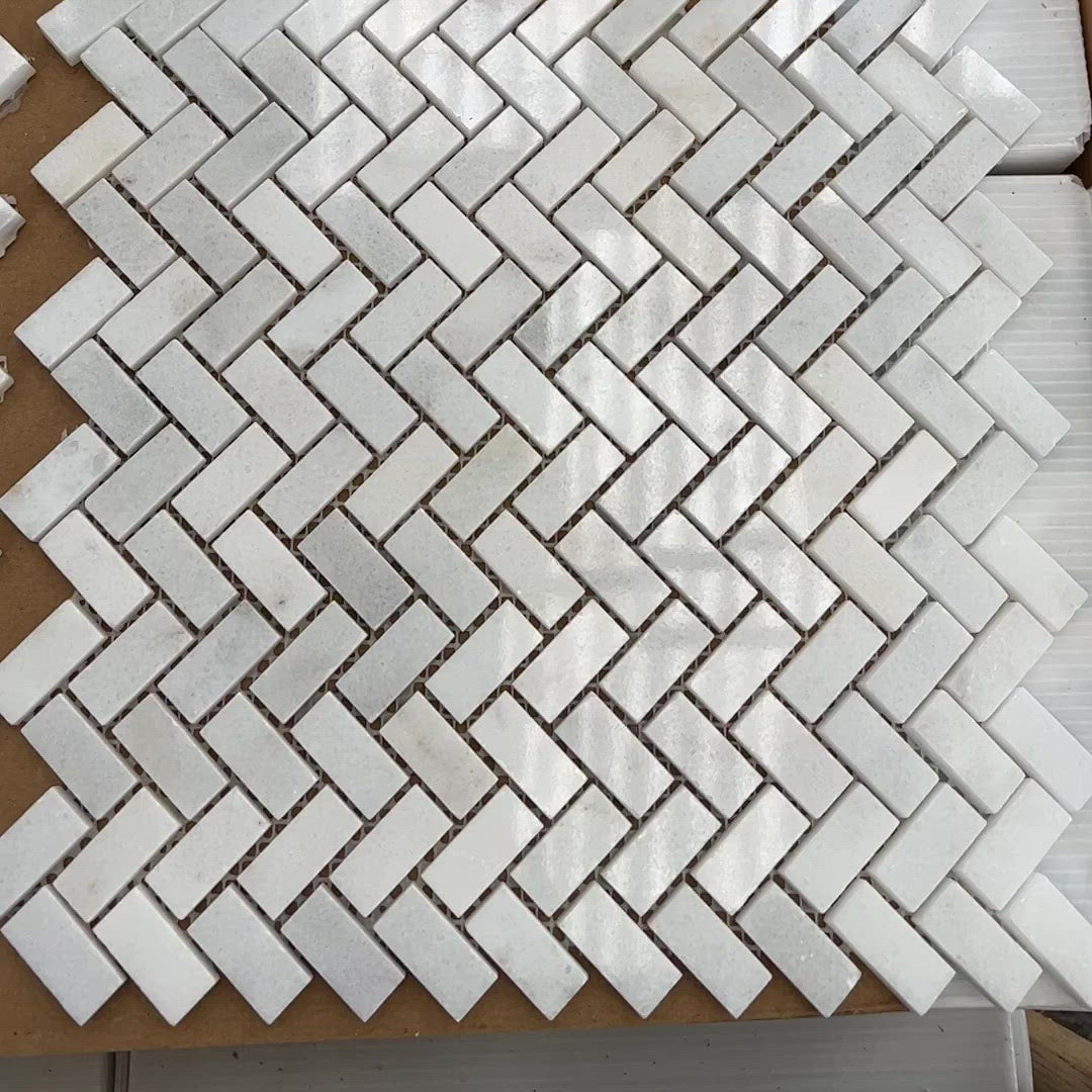 Carrara T Polished Mini Herringbone Marble Mosaic Tile