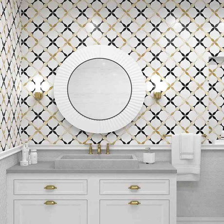 Bianco Sivec, Brass & Nero Black Marble Waterjet Mosaic Tile 400 × 400 × 10 mm