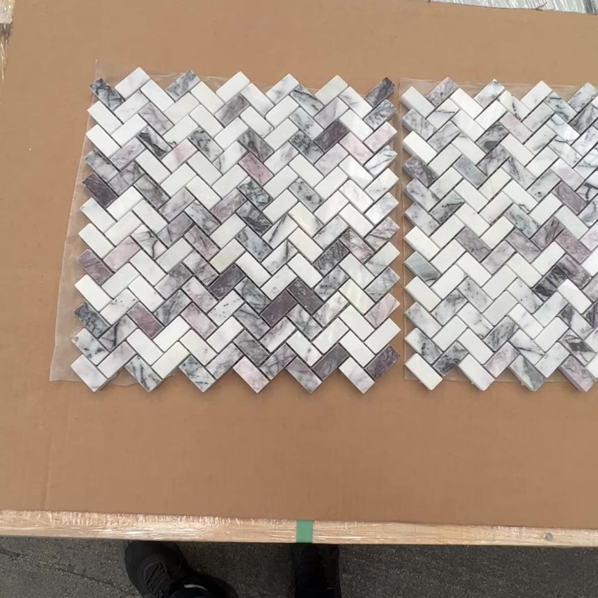 Calacatta Viola Polished Herringbone Marble Mosaic 15x30x10